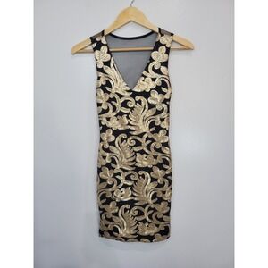 Codigo Black Gold Sequin Mesh V Neck Bodycon Mini Dress Women's Size S